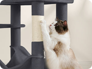 Feandrea Arbre à chat de 143 cm pour chats d’intérieur, tour multi-niveaux en peluche avec 4 poteaux à griffer, 2 plateformes d’observation et une niche confortable.