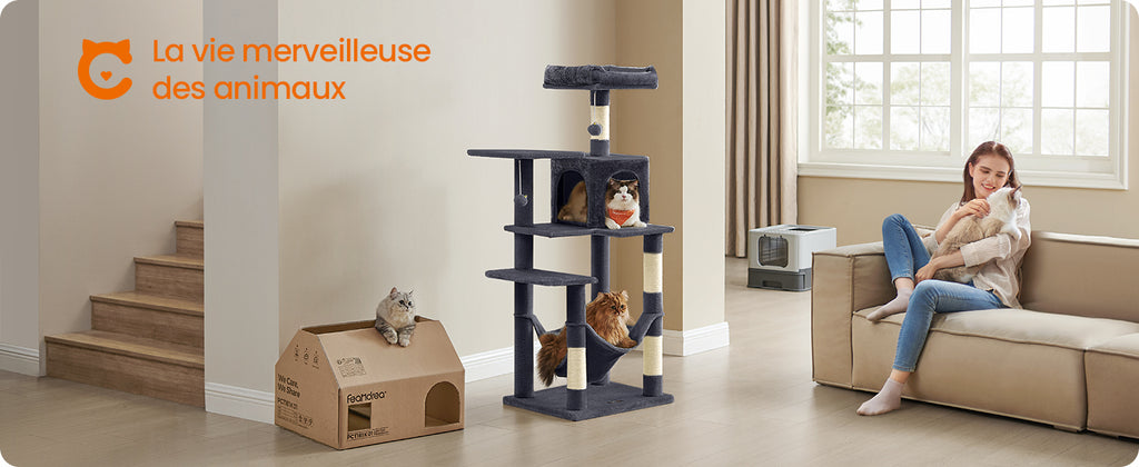 Feandrea Arbre à chat de 143 cm pour chats d’intérieur, tour multi-niveaux en peluche avec 4 poteaux à griffer, 2 plateformes d’observation et une niche confortable.