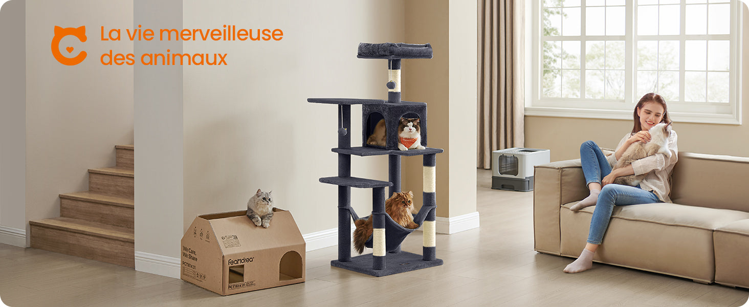 Feandrea Arbre à chat de 143 cm pour chats d’intérieur, tour multi-niveaux en peluche avec 4 poteaux à griffer, 2 plateformes d’observation et une niche confortable.
