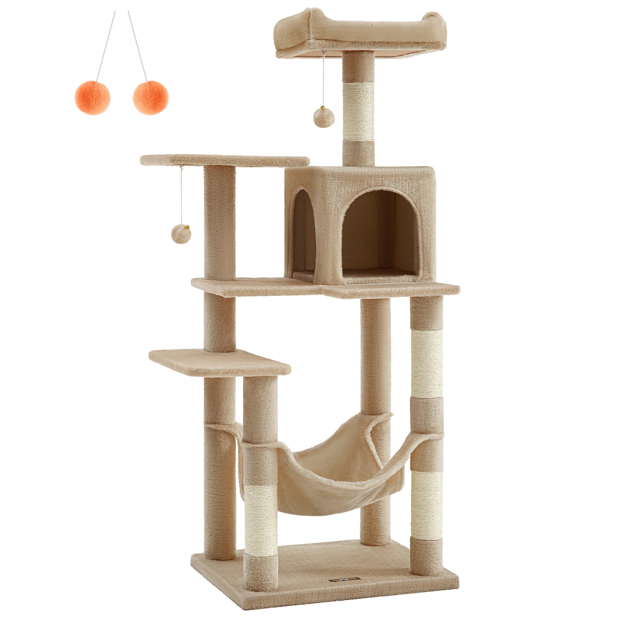 Feandrea Arbre à chat de 143 cm pour chats d’intérieur, tour multi-niveaux en peluche avec 4 poteaux à griffer, 2 plateformes d’observation et une niche confortable.