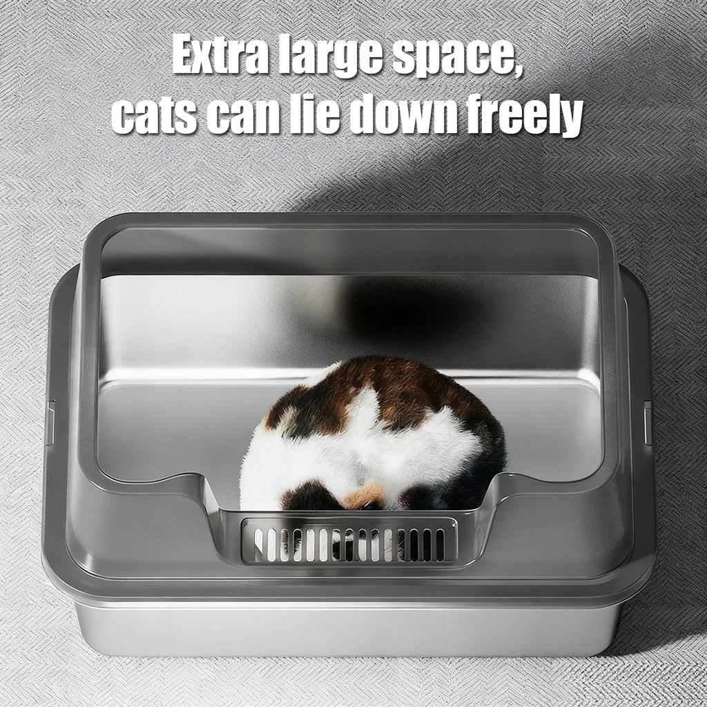 Bac à litière pour chat en acier inoxydable avec couvercle, très grand format avec rebords hauts, idéal pour les grands chats, facile à nettoyer et sans mauvaises odeurs.