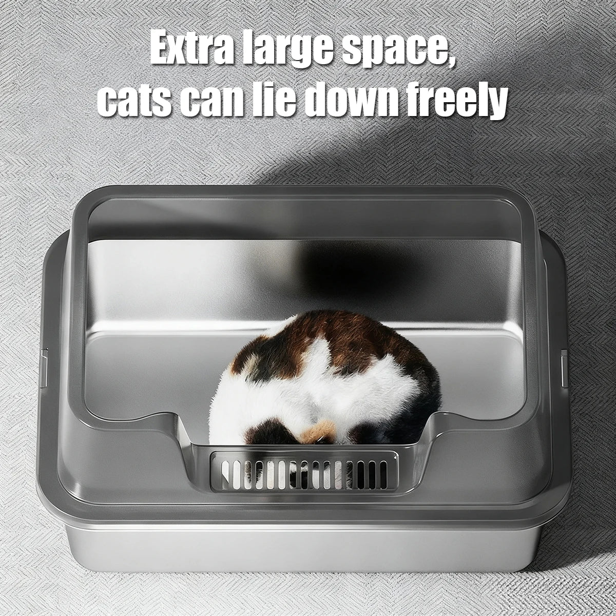 Bac à litière pour chat en acier inoxydable avec couvercle, très grand format avec rebords hauts, idéal pour les grands chats, facile à nettoyer et sans mauvaises odeurs.