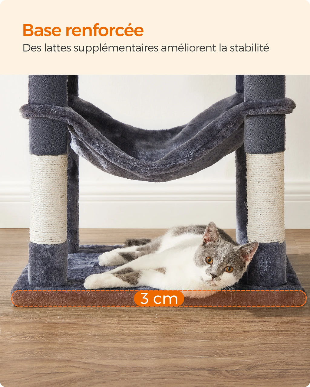 Feandrea Arbre à chat de 143 cm pour chats d’intérieur, tour multi-niveaux en peluche avec 4 poteaux à griffer, 2 plateformes d’observation et une niche confortable.