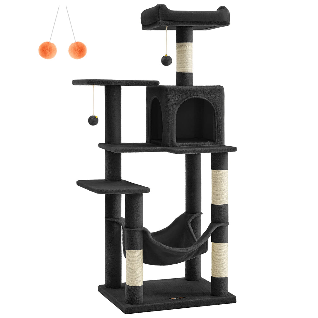 Feandrea Arbre à chat de 143 cm pour chats d’intérieur, tour multi-niveaux en peluche avec 4 poteaux à griffer, 2 plateformes d’observation et une niche confortable.