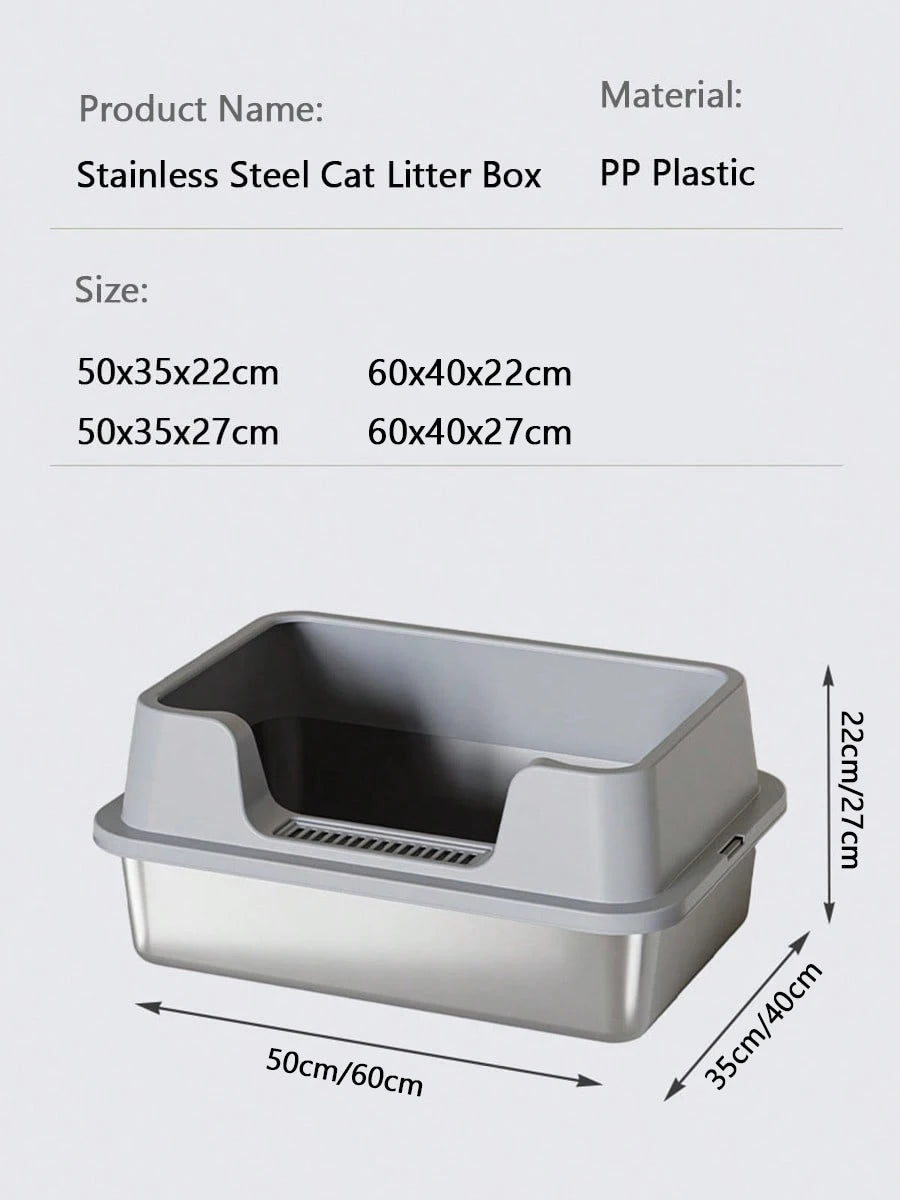 Bac à litière pour chat en acier inoxydable avec couvercle, très grand format avec rebords hauts, idéal pour les grands chats, facile à nettoyer et sans mauvaises odeurs.