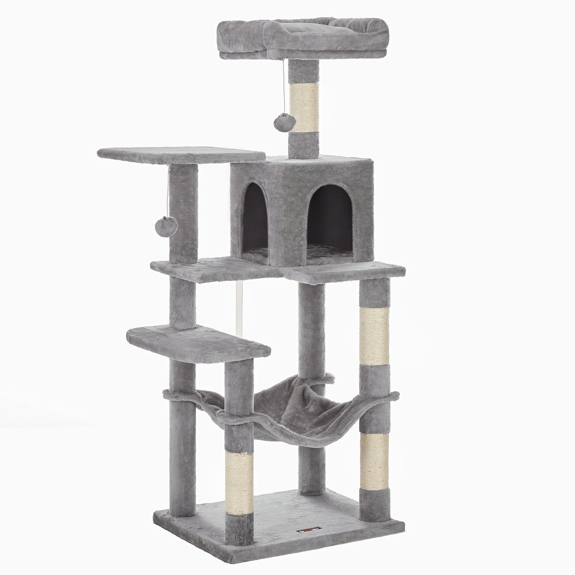 Feandrea Arbre à chat de 143 cm pour chats d’intérieur, tour multi-niveaux en peluche avec 4 poteaux à griffer, 2 plateformes d’observation et une niche confortable.