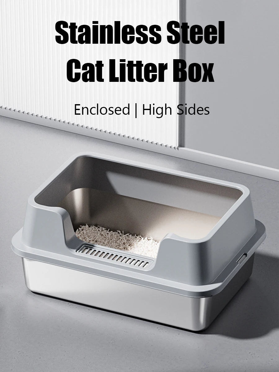 Bac à litière pour chat en acier inoxydable avec couvercle, très grand format avec rebords hauts, idéal pour les grands chats, facile à nettoyer et sans mauvaises odeurs.