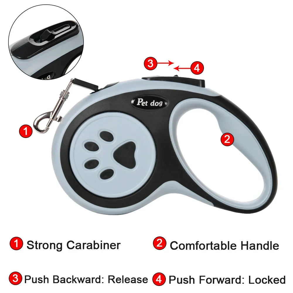 Laisse Rétractable pour Chien – Ergonomique, Solide & Contrôle Facile.                                                 3-5m de laisse.                                       Adaptée pour petit et grands chien et chats