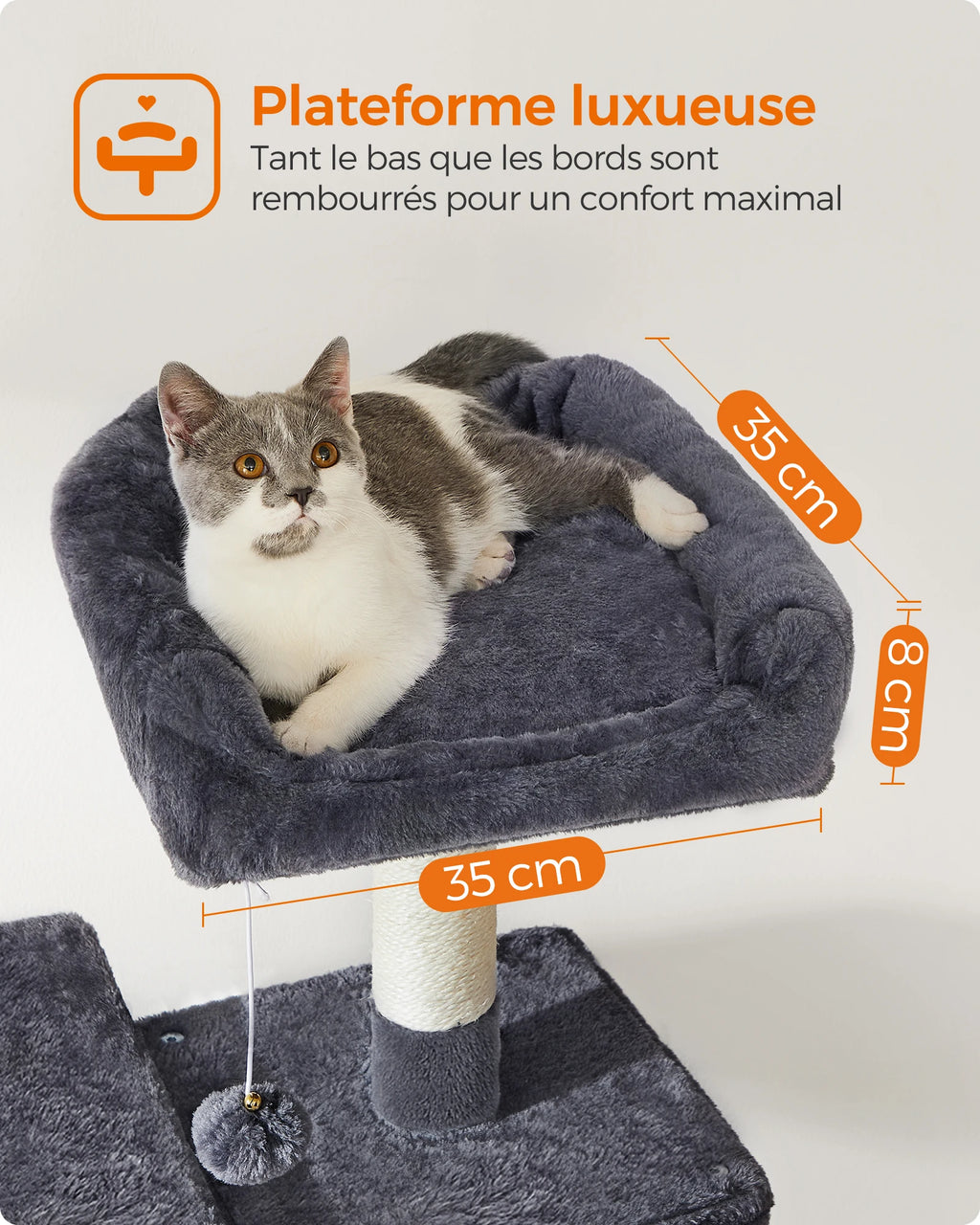 Feandrea Arbre à chat de 143 cm pour chats d’intérieur, tour multi-niveaux en peluche avec 4 poteaux à griffer, 2 plateformes d’observation et une niche confortable.