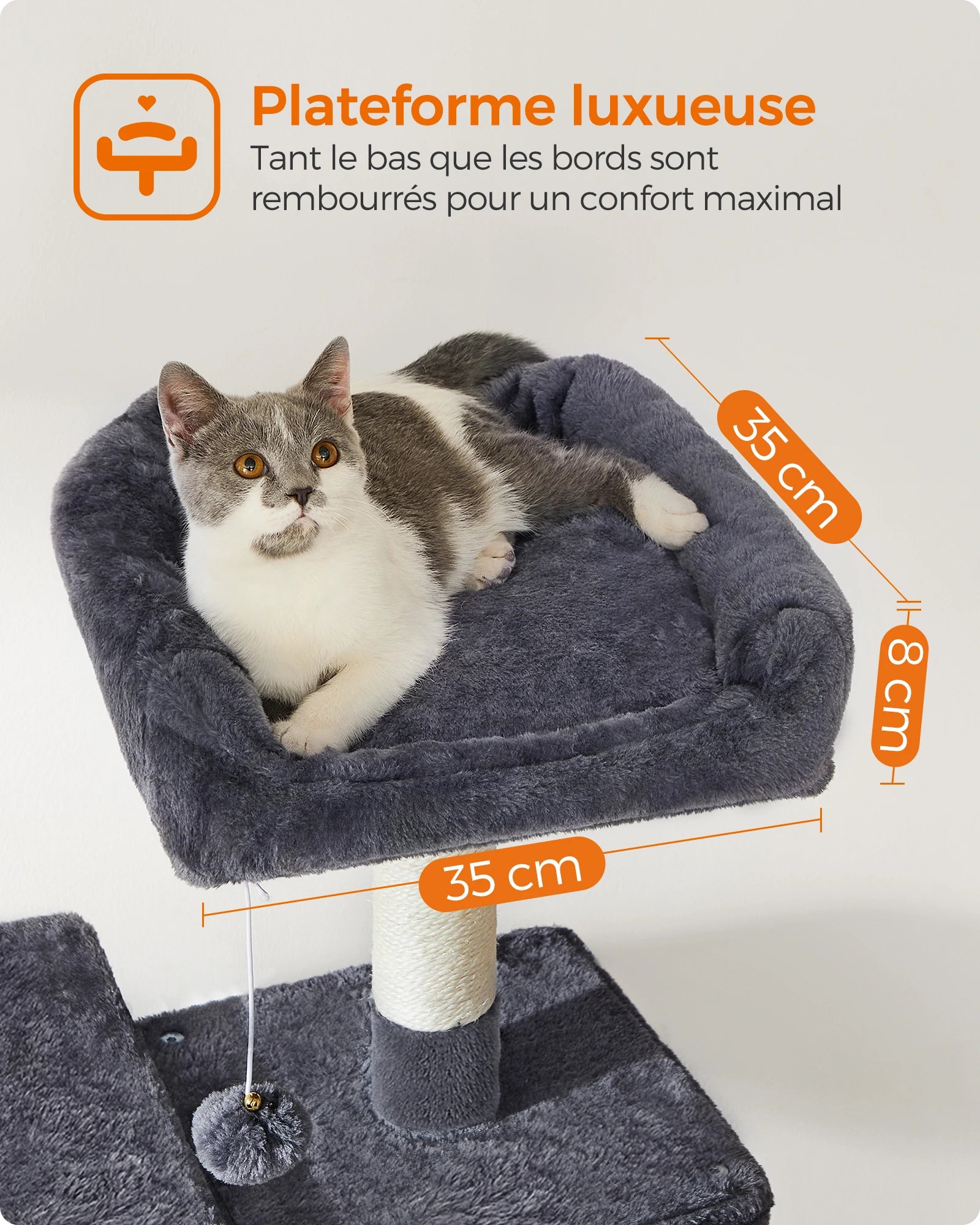 Feandrea Arbre à chat de 143 cm pour chats d’intérieur, tour multi-niveaux en peluche avec 4 poteaux à griffer, 2 plateformes d’observation et une niche confortable.