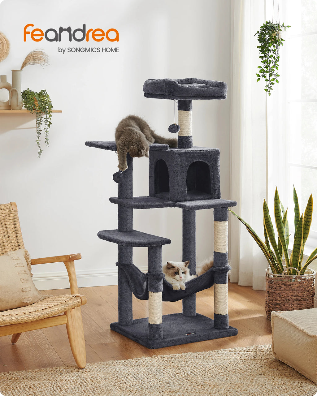Feandrea Arbre à chat de 143 cm pour chats d’intérieur, tour multi-niveaux en peluche avec 4 poteaux à griffer, 2 plateformes d’observation et une niche confortable.