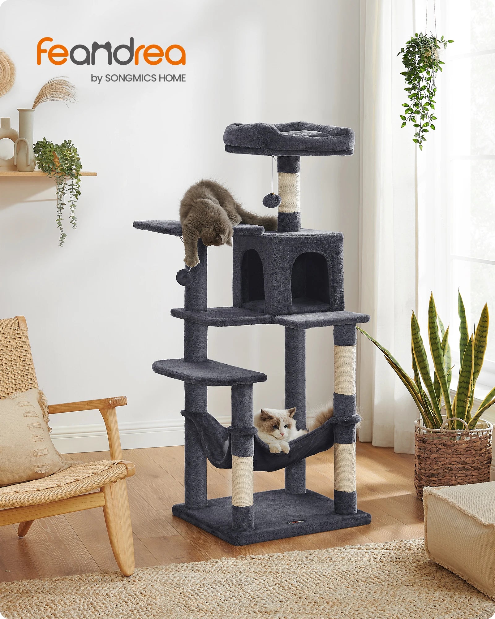 Feandrea Arbre à chat de 143 cm pour chats d’intérieur, tour multi-niveaux en peluche avec 4 poteaux à griffer, 2 plateformes d’observation et une niche confortable.