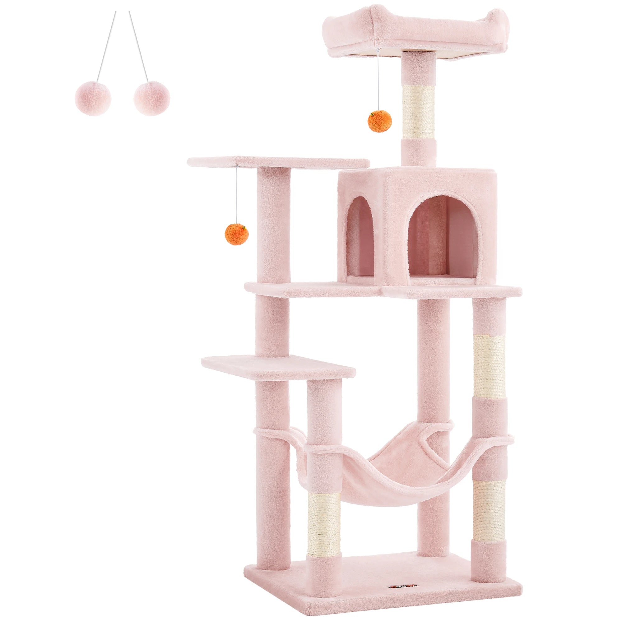 Feandrea Arbre à chat de 143 cm pour chats d’intérieur, tour multi-niveaux en peluche avec 4 poteaux à griffer, 2 plateformes d’observation et une niche confortable.