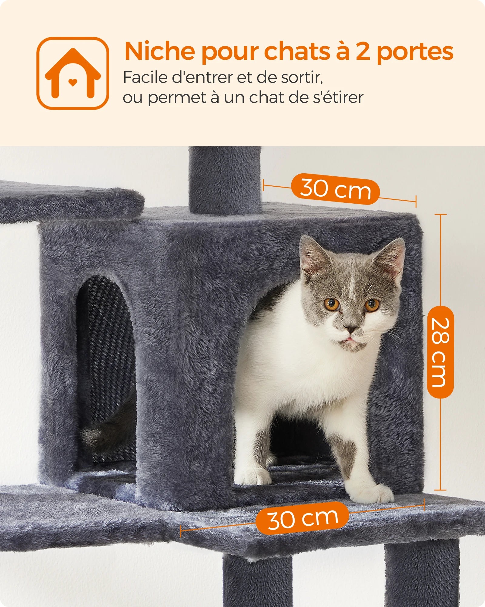 Feandrea Arbre à chat de 143 cm pour chats d’intérieur, tour multi-niveaux en peluche avec 4 poteaux à griffer, 2 plateformes d’observation et une niche confortable.