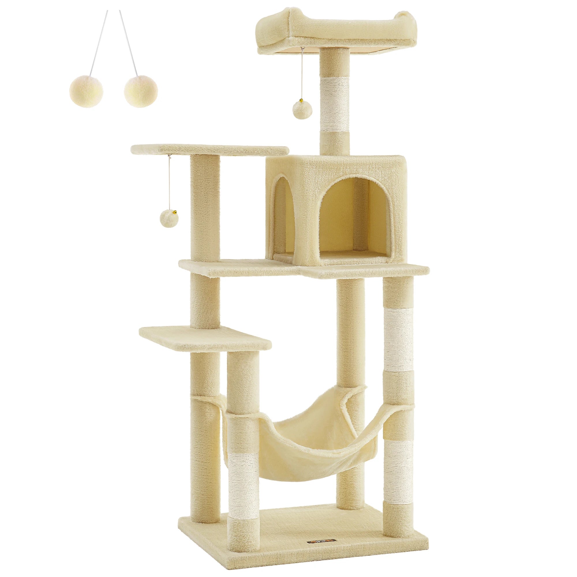 Feandrea Arbre à chat de 143 cm pour chats d’intérieur, tour multi-niveaux en peluche avec 4 poteaux à griffer, 2 plateformes d’observation et une niche confortable.