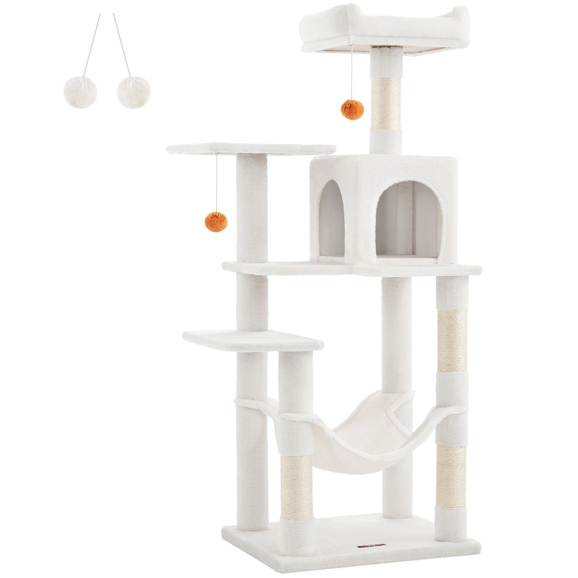 Feandrea Arbre à chat de 143 cm pour chats d’intérieur, tour multi-niveaux en peluche avec 4 poteaux à griffer, 2 plateformes d’observation et une niche confortable.
