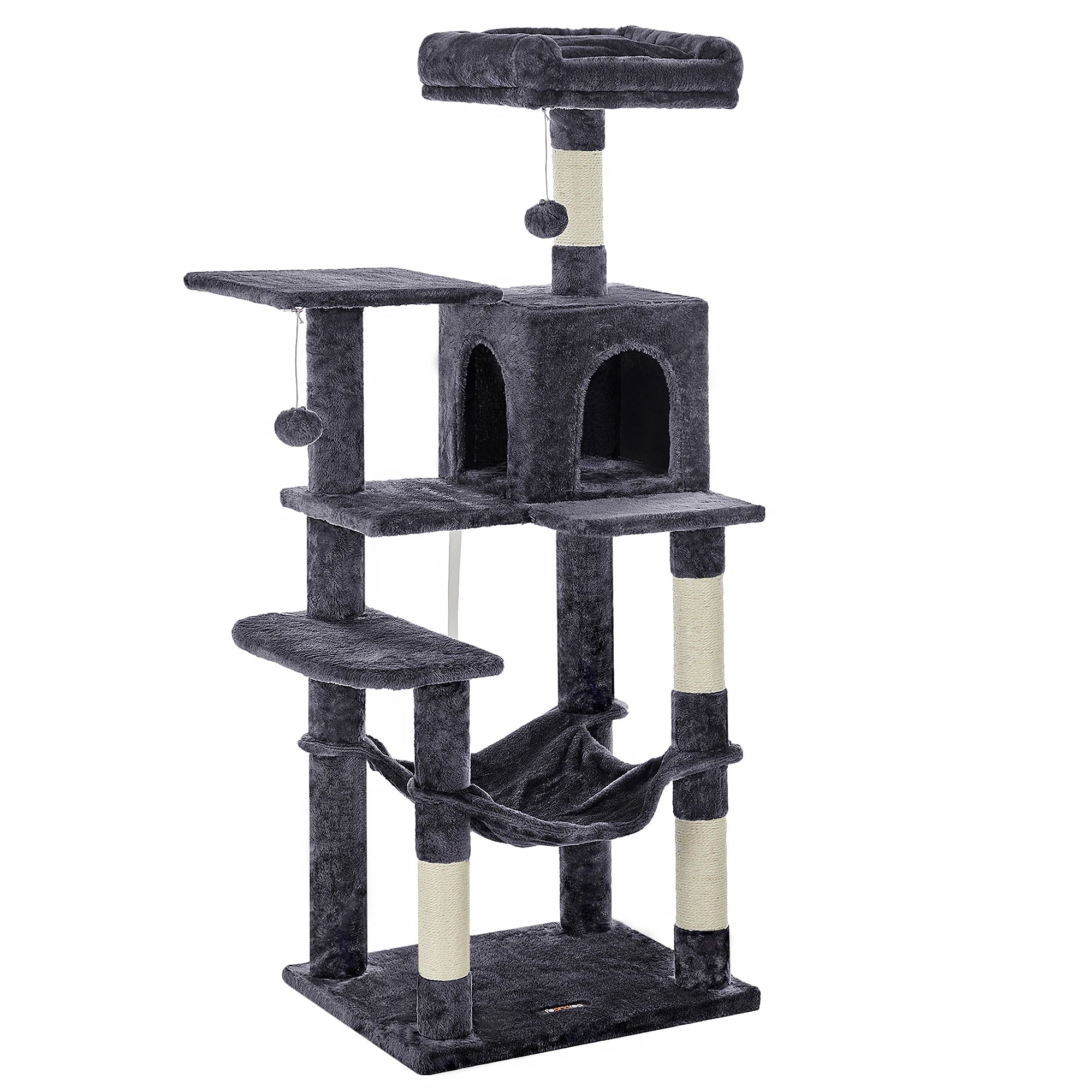 Feandrea Arbre à chat de 143 cm pour chats d’intérieur, tour multi-niveaux en peluche avec 4 poteaux à griffer, 2 plateformes d’observation et une niche confortable.