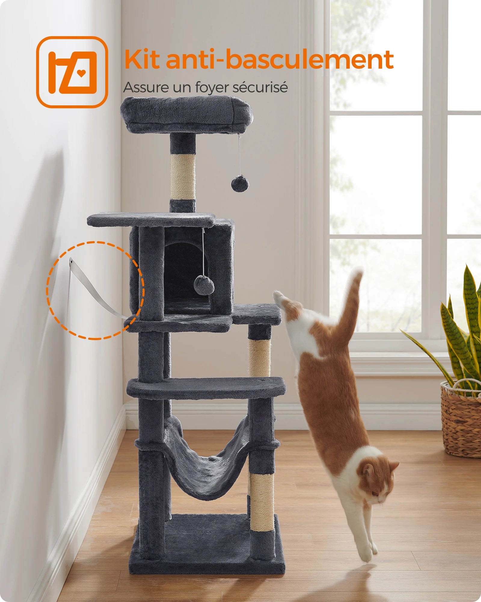 Feandrea Arbre à chat de 143 cm pour chats d’intérieur, tour multi-niveaux en peluche avec 4 poteaux à griffer, 2 plateformes d’observation et une niche confortable.
