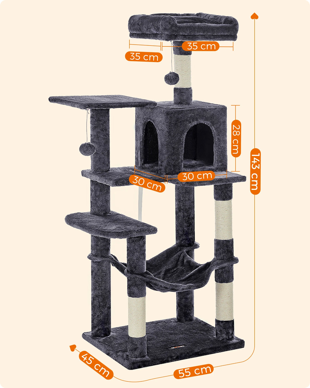 Feandrea Arbre à chat de 143 cm pour chats d’intérieur, tour multi-niveaux en peluche avec 4 poteaux à griffer, 2 plateformes d’observation et une niche confortable.