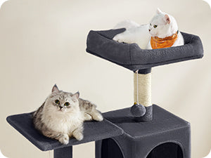 Feandrea Arbre à chat de 143 cm pour chats d’intérieur, tour multi-niveaux en peluche avec 4 poteaux à griffer, 2 plateformes d’observation et une niche confortable.