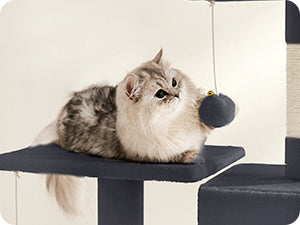 Feandrea Arbre à chat de 143 cm pour chats d’intérieur, tour multi-niveaux en peluche avec 4 poteaux à griffer, 2 plateformes d’observation et une niche confortable.